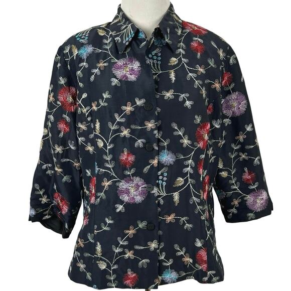 Silkland Petite Women Embroidered Top Blouse Artsy Boho Silk Black Size 14P - Picture 1 of 7